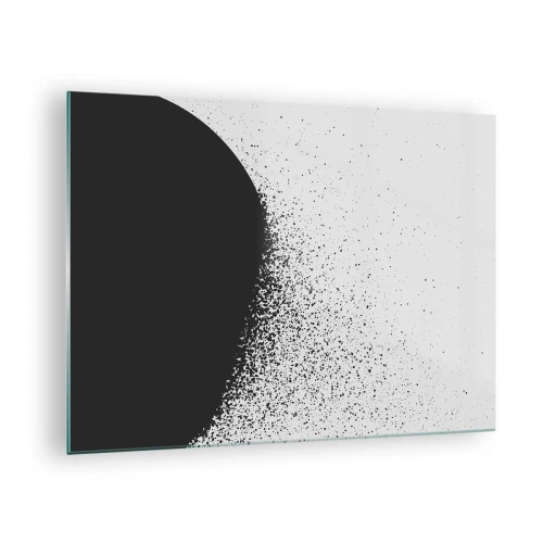 Quadro em vidro - Abstração de uma massa negra se desintegrando sobre um fundo branco - 70x50cm - Movimento das moléculas - Decoração de parede moderna para a sala de estar e quarto ARTTOR