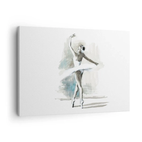 Quadro em tela - Uma bailarina em pose de balé sobre um fundo de delicados tons de aquarela. - 70x50cm - Encantada num cisne - Decoração de parede moderna para a sala de estar e quarto ARTTOR