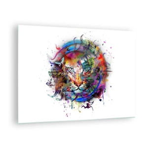 Quadro em vidro - Retrato colorido de um leão em estilo artístico com detalhes abstratos - 70x50cm - À espreita atrás do véu arco-íris - Decoração de parede moderna para a sala de estar e quarto ARTTOR