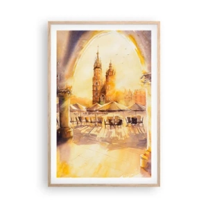 Pôster com moldura de carvalho claro - Pôr do sol na praça do mercado de Cracóvia - 61x91 cm