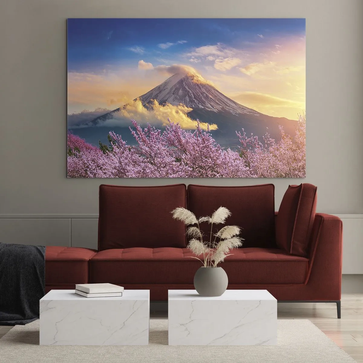 Quadro em vidro - Monte Fuji ao fundo com cerejeiras em flor em primeiro plano - 70x50cm - Santidade japonesa - Decoração de parede moderna para a sala de estar e quarto ARTTOR