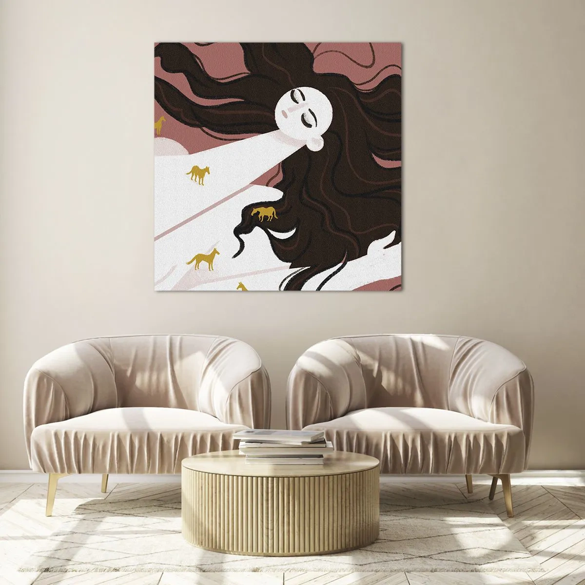 Quadro em vidro - Sonho com um cavalo dourado - 50x50 cm