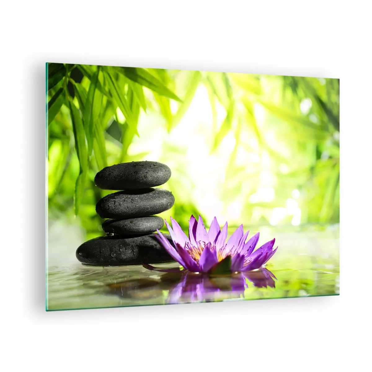Quadro em vidro - Flor de lótus roxa com pedras zen sobre fundo verde - 70x50cm - Em um arbusto de bambu - Decoração de parede moderna para a sala de estar e quarto ARTTOR