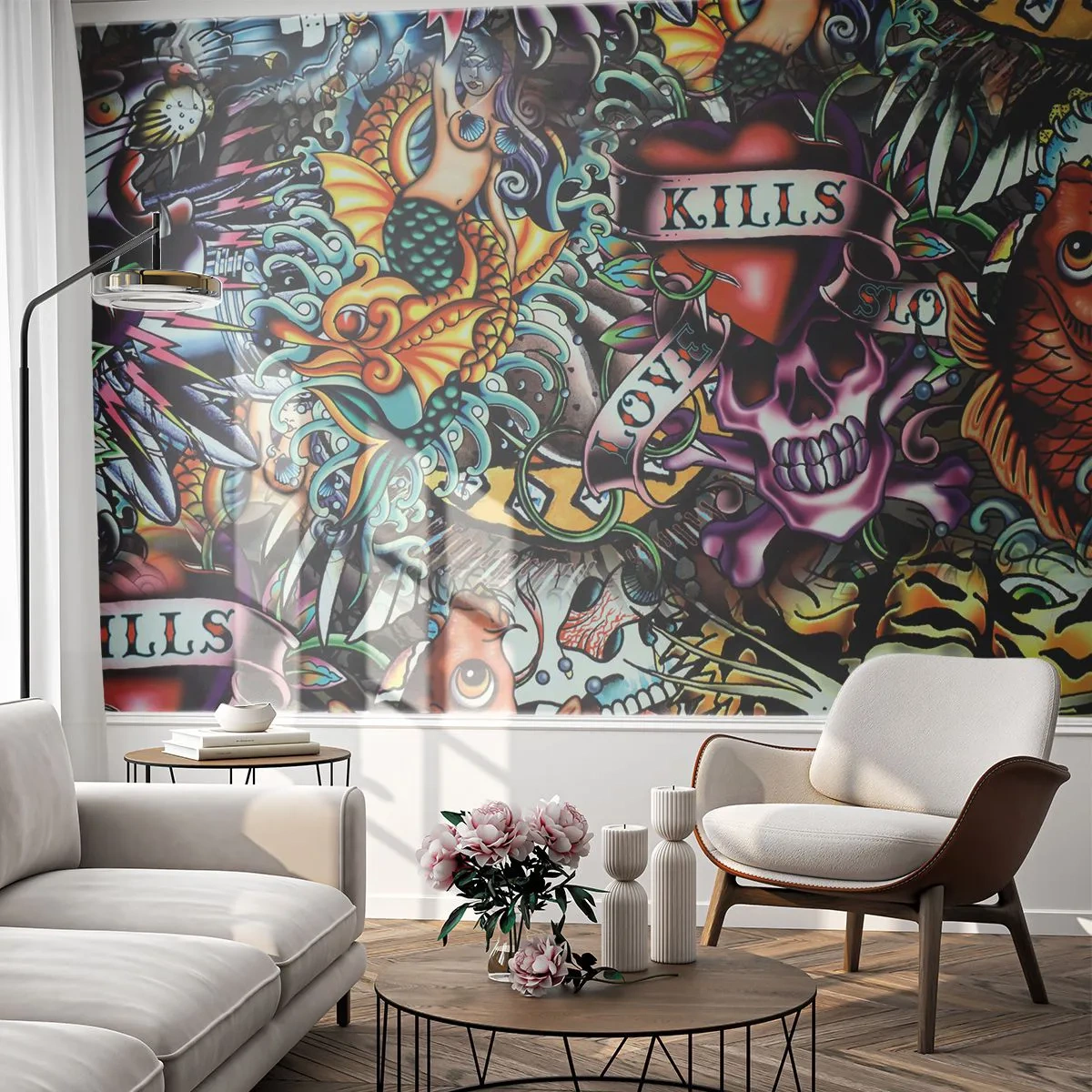 Papel de Parede Standard Eco - Composição de tatuagem colorida no estilo old school - 100x70cm - O sonho do tatuador - Decoração de parede moderna para a sala de estar e quarto ARTTOR