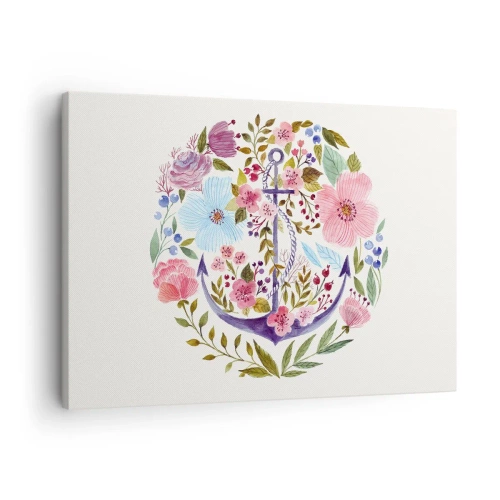 Quadro em tela - Uma âncora cercada por flores em aquarela sobre um fundo claro - 70x50cm - O bom sonho de um marinheiro - Decoração de parede moderna para a sala de estar e quarto ARTTOR