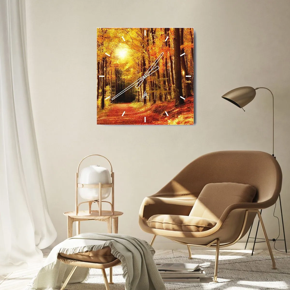 Relógio de parede - Relógio em vidro - Outono dourado na estrada da floresta - 40x40 cm