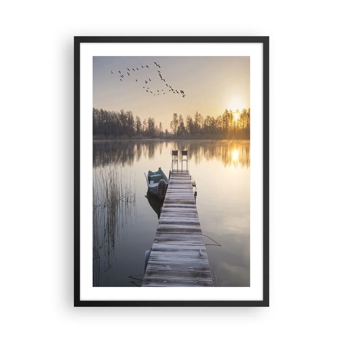 Pôster com moldura preta - Píer à beira do lago ao nascer do sol - 50x70cm - Voltarei dentro de algum tempo - Decoração de parede moderna para a sala de estar e quarto ARTTOR