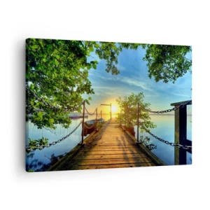 Quadro em tela - Um píer sobre o lago sob os raios do pôr do sol - 70x50cm - Oeste sobre a água - Decoração de parede moderna para a sala de estar e quarto ARTTOR