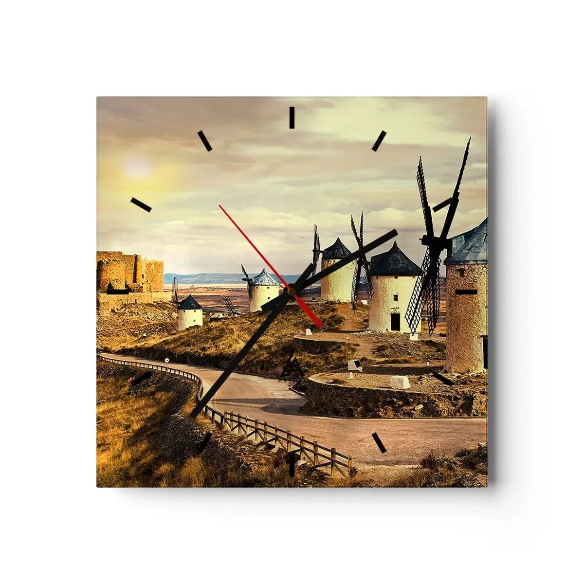 Relógio de parede - Relógio em vidro - Dom Quixote está prestes a aparecer - 30x30 cm
