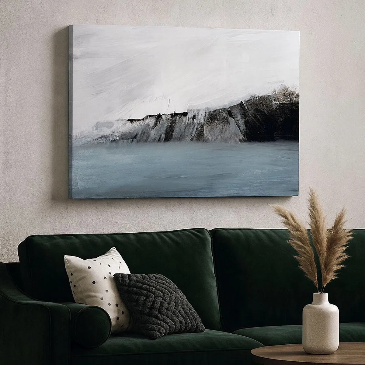 Quadro em tela - Paisagem abstrata com água e uma costa rochosa - 70x50cm - Água – terra: choque dos elementos - Decoração de parede moderna para a sala de estar e quarto ARTTOR