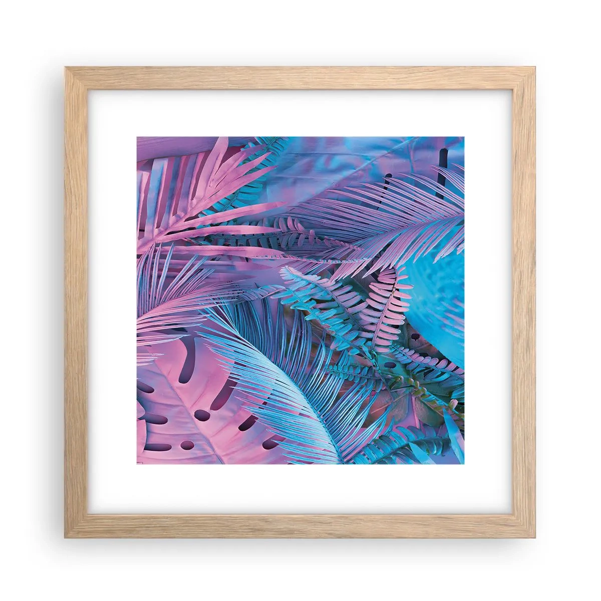 Pôster com moldura de carvalho claro - Trópicos em rosa e azul - 30x30 cm