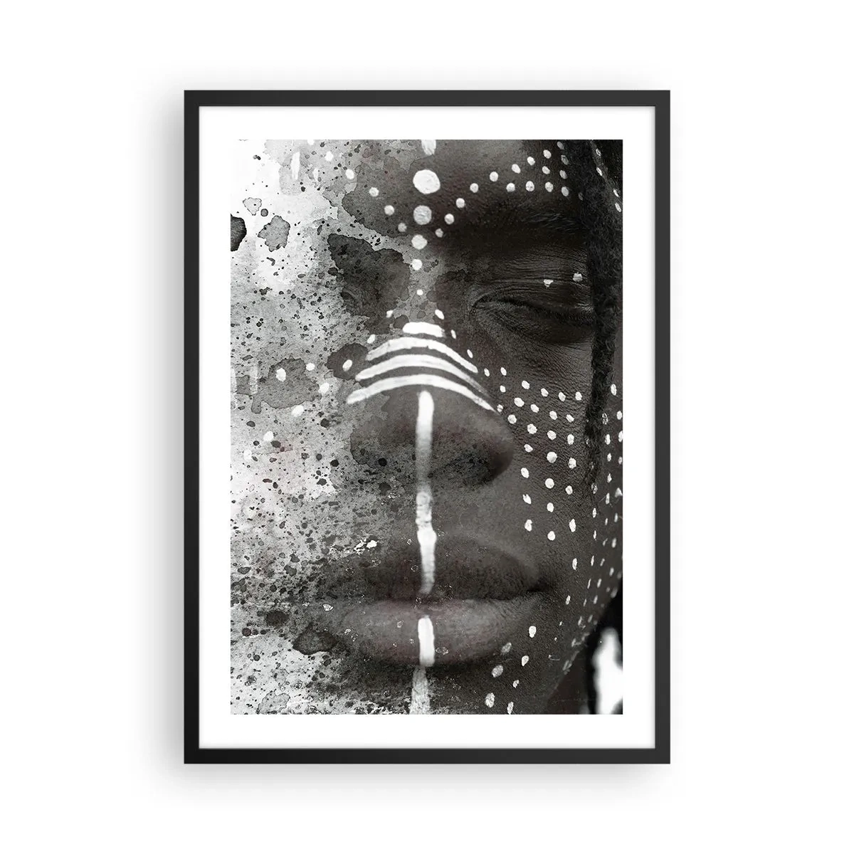 Pôster com moldura preta - Retrato abstrato com padrões em preto e branco no rosto - 50x70cm - Descubra o espírito primordial - Decoração de parede moderna para a sala de estar e quarto ARTTOR