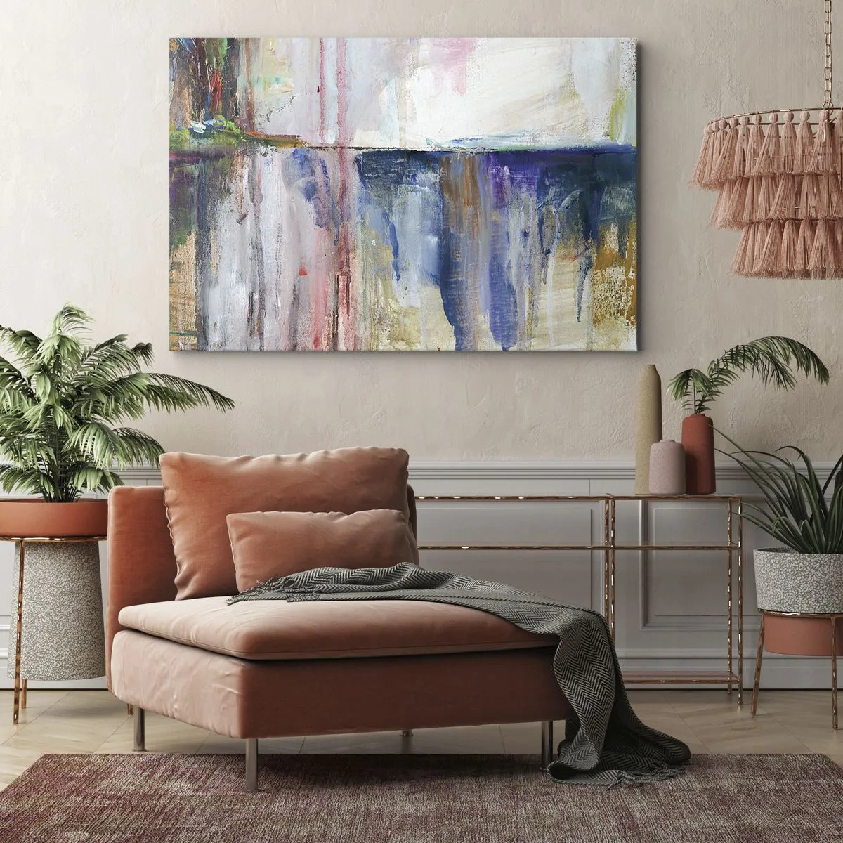 Quadro em tela - Uma composição abstrata de cores com efeito de reflexo na tela. - 70x50cm - Impressões coloridas e associações - Decoração de parede moderna para a sala de estar e quarto ARTTOR