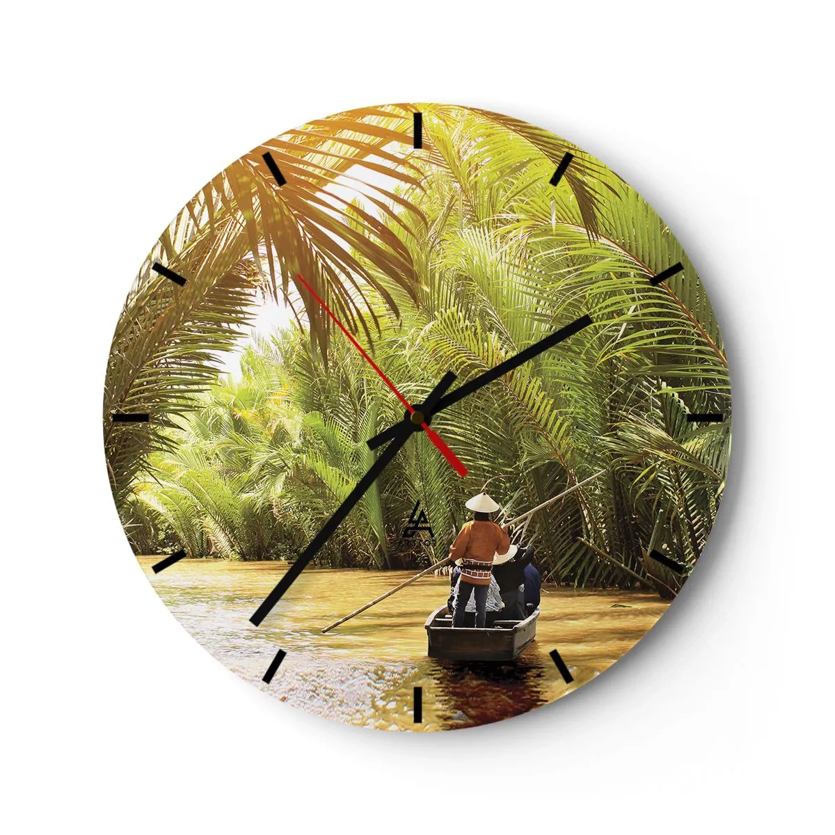 Relógio de parede - Relógio em vidro - Pessoas em um barco navegando por uma densa floresta de palmeiras - 30x30cm - Desfiladeiro das palmeiras - Decoração de parede moderna para a sala de estar, cozinha e quarto ARTTOR