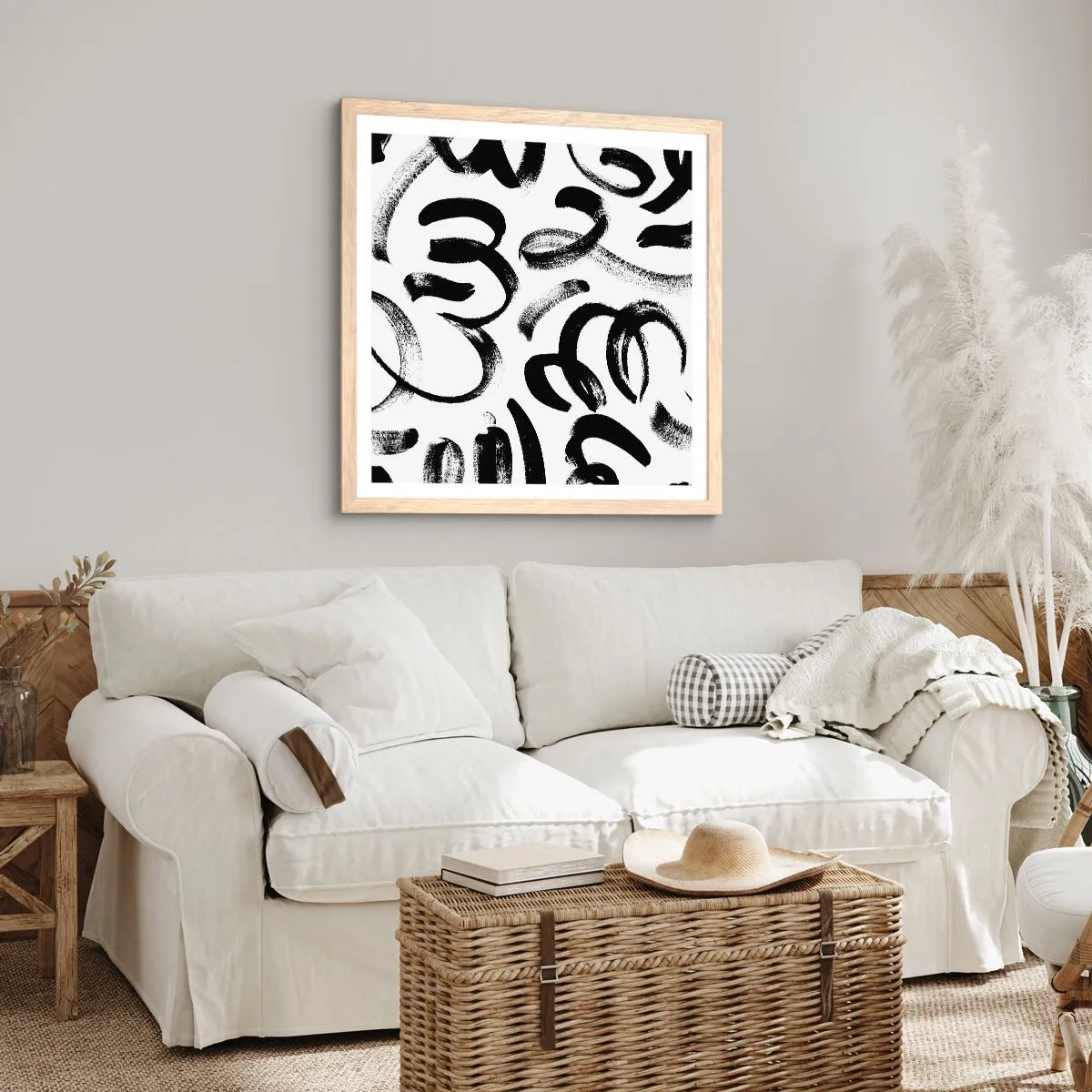Pôster com moldura de carvalho claro - Preto sobre branco - 50x50 cm