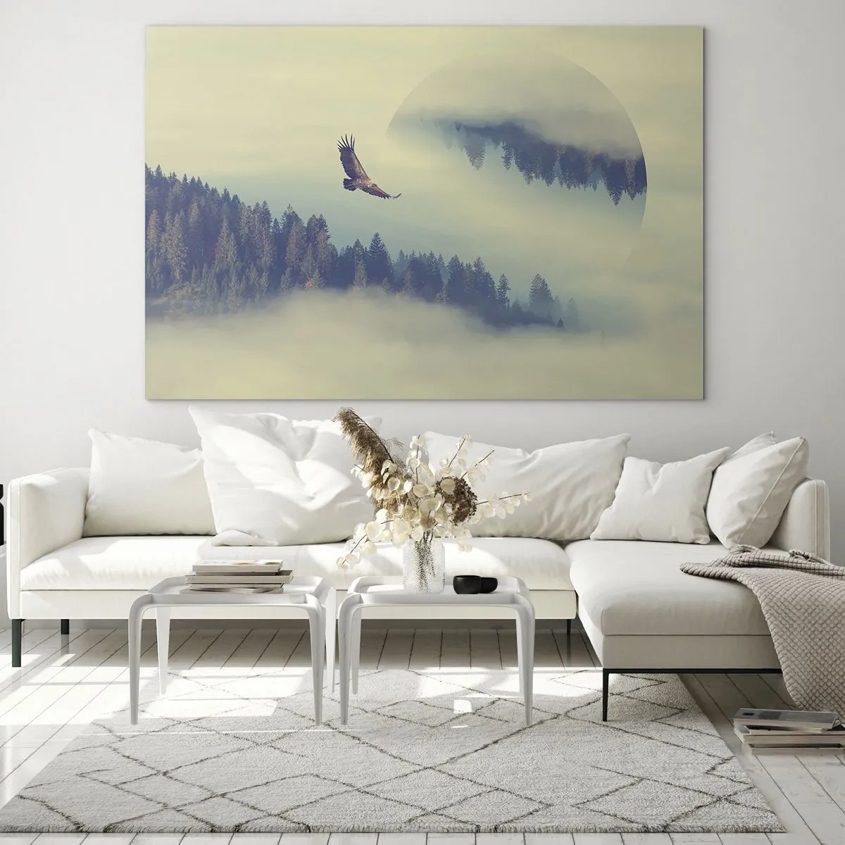 Quadro em vidro - Uma águia voando sobre uma floresta envolta em névoa com um reflexo surreal. - 70x50cm - Eu vi a sombra de uma águia - Decoração de parede moderna para a sala de estar e quarto ARTTOR