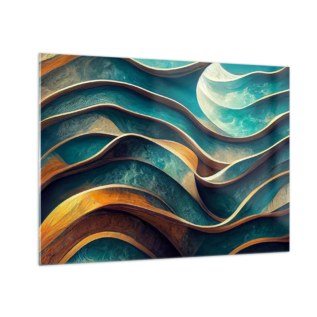 Quadro em vidro - Linhas dinâmicas em azul e cobre criando ondas - 70x50cm - Meandros de azul - Decoração de parede moderna para a sala de estar e quarto ARTTOR