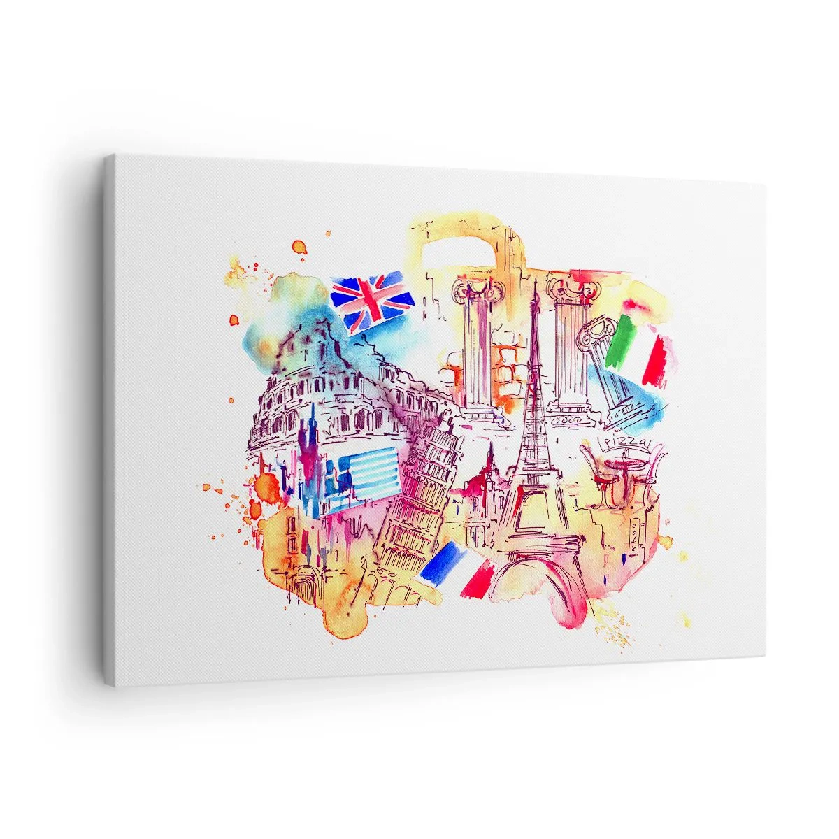 Quadro em tela - Aquarela de símbolos europeus com bandeiras de países - 70x50cm - Tournée europeia - Decoração de parede moderna para a sala de estar e quarto ARTTOR