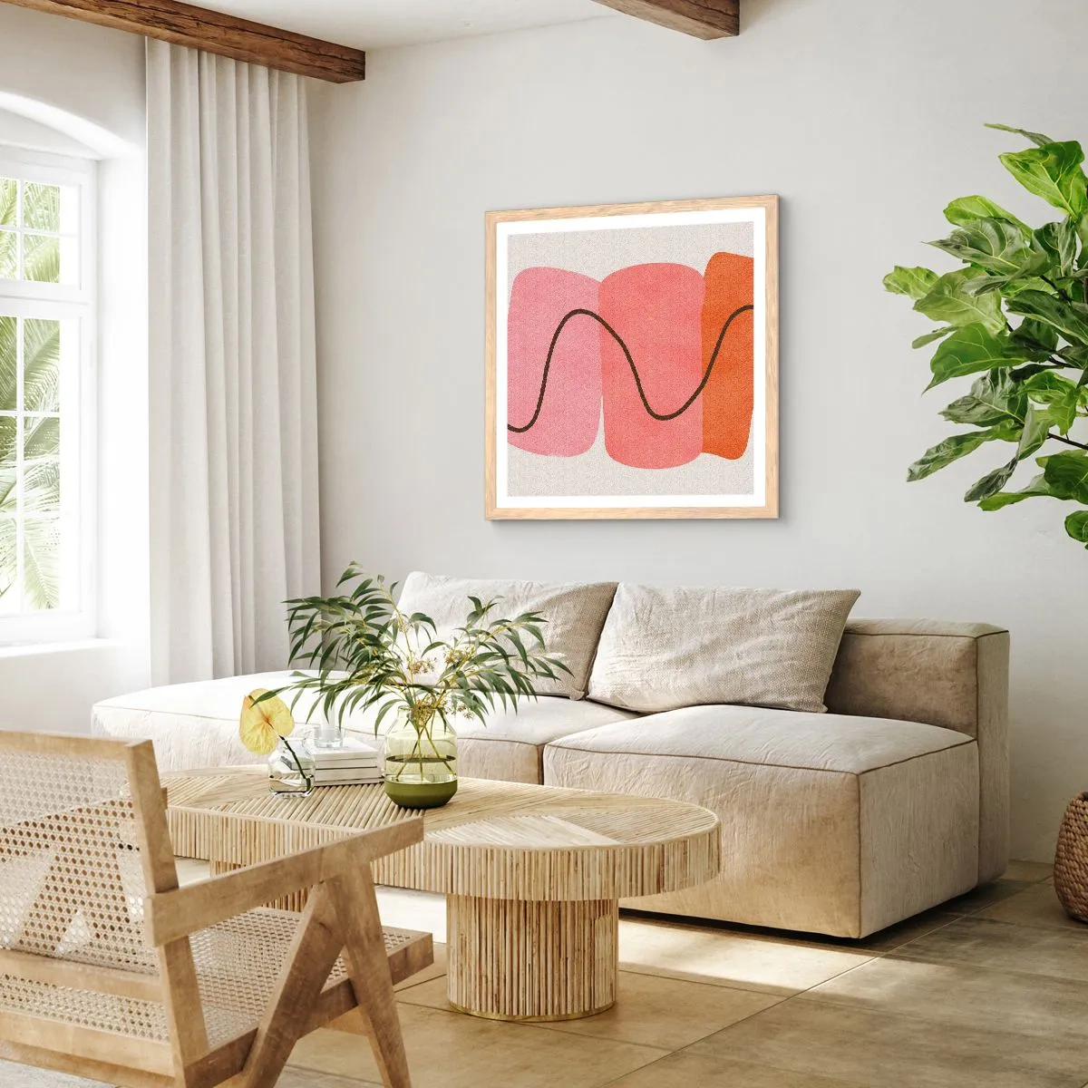 Pôster com moldura de carvalho claro - Movimento suave de formas - 30x30 cm