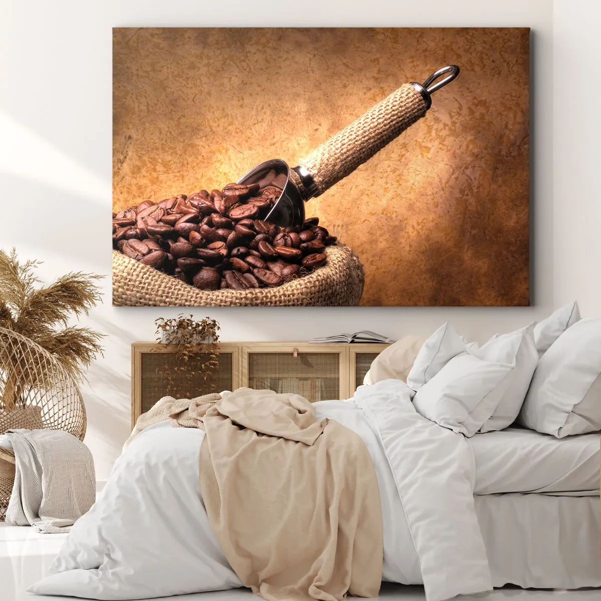 Quadro em tela - Grãos de café em um saco de juta com uma colher de metal - 70x50cm - Na fonte do sabor - Decoração de parede moderna para a sala de estar e quarto ARTTOR
