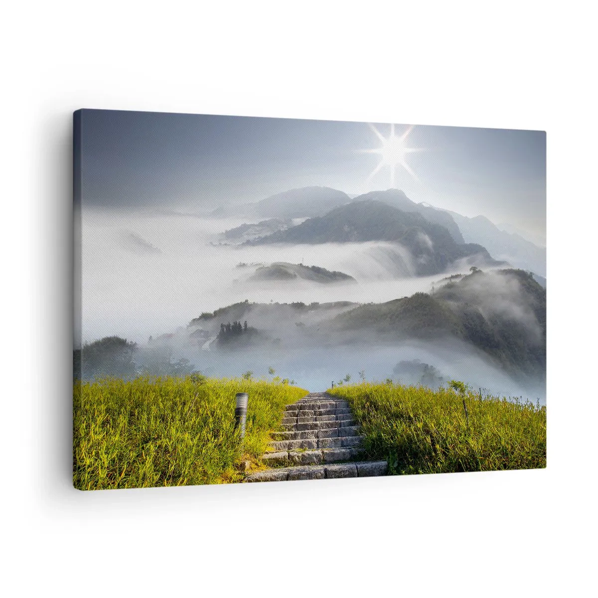 Quadro em tela - Escadas de pedra que levam através das montanhas envoltas na névoa da manhã - 70x50cm - Em direcção às nuvens - Decoração de parede moderna para a sala de estar e quarto ARTTOR