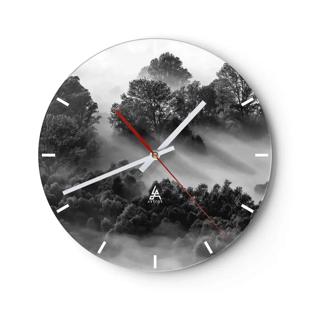 Relógio de parede - Relógio em vidro - Paisagem montanhosa em preto e branco com neblina na floresta - 30x30cm - Levantar-se do sono - Decoração de parede moderna para a sala de estar, cozinha e quarto ARTTOR