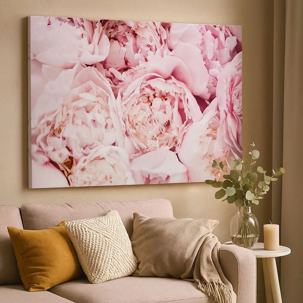 Quadro em tela - Um close-up de um buquê de peônias rosa - 70x50cm - Aconchego e perfume - Decoração de parede moderna para a sala de estar e quarto ARTTOR
