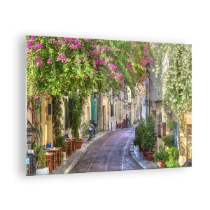 Quadro em vidro - Uma rua charmosa com árvores floridas - 70x50cm - Beco florido - Decoração de parede moderna para a sala de estar e quarto ARTTOR