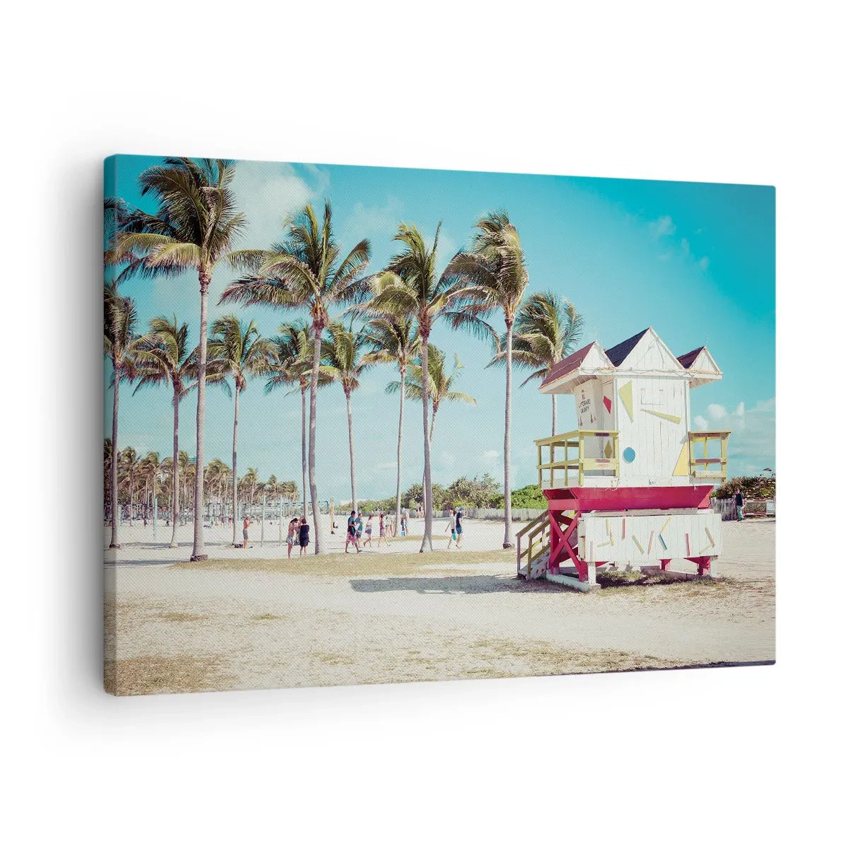 Quadro em tela - Uma praia com palmeiras e uma torre de salva-vidas ao fundo - 70x50cm - Um belo dia pela frente - Decoração de parede moderna para a sala de estar e quarto ARTTOR