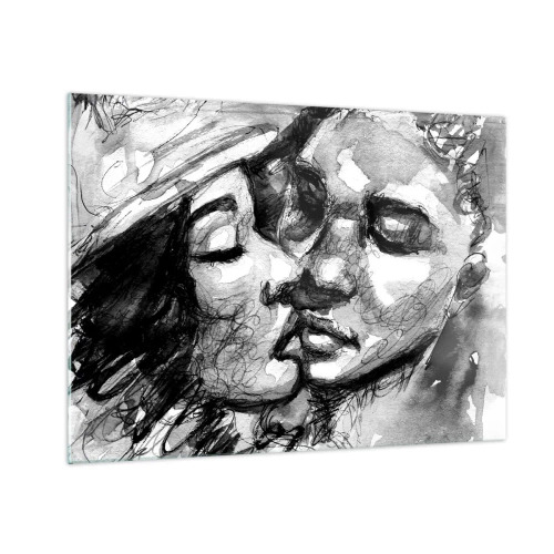 Quadro em vidro - Esboço em preto e branco de um beijo carinhoso - 70x50cm - Um momento de ternura - Decoração de parede moderna para a sala de estar e quarto ARTTOR
