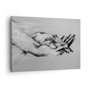Quadro em tela - Uma composição em preto e branco de duas mãos entrelaçadas sobre um fundo claro. - 70x50cm - Início... - Decoração de parede moderna para a sala de estar e quarto ARTTOR