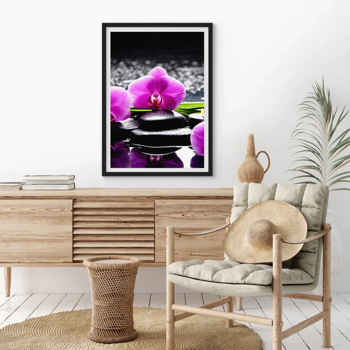 Pôster com moldura preta - Uma orquídea roxa contra um fundo de pedras e água em um ambiente de spa - 50x70cm - Afogar-se na paz e sossego - Decoração de parede moderna para a sala de estar e quarto ARTTOR