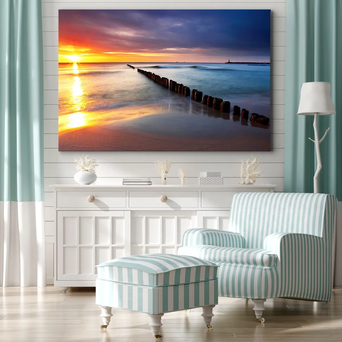 Quadro em tela - Pôr do sol sobre o mar com um quebra-mar em primeiro plano - 70x50cm - Ouça o silêncio - Decoração de parede moderna para a sala de estar e quarto ARTTOR