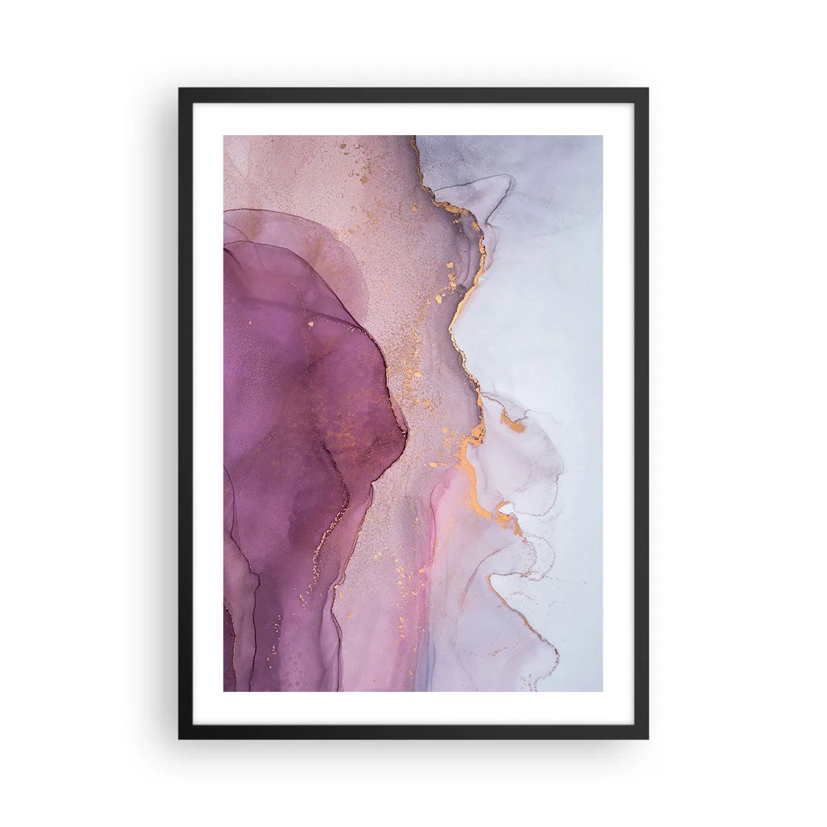Pôster com moldura preta - Ondas abstratas em tons de lilás e roxo com detalhes dourados - 50x70cm - Ondas de lilás e roxo - Decoração de parede moderna para a sala de estar e quarto ARTTOR