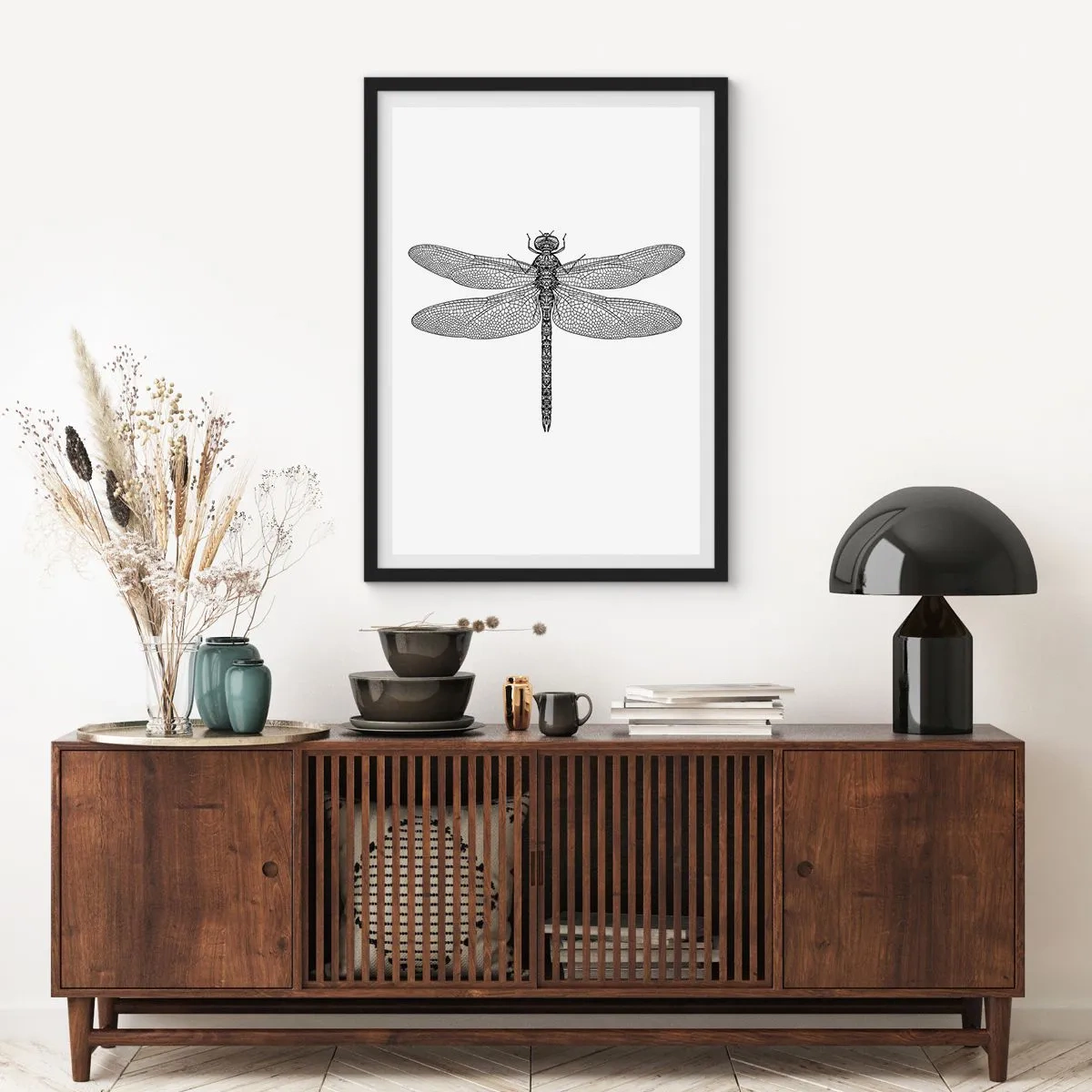 Pôster com moldura preta - Ilustração em preto e branco de uma libélula em um fundo branco - 50x70cm - Precisão da natureza - Decoração de parede moderna para a sala de estar e quarto ARTTOR