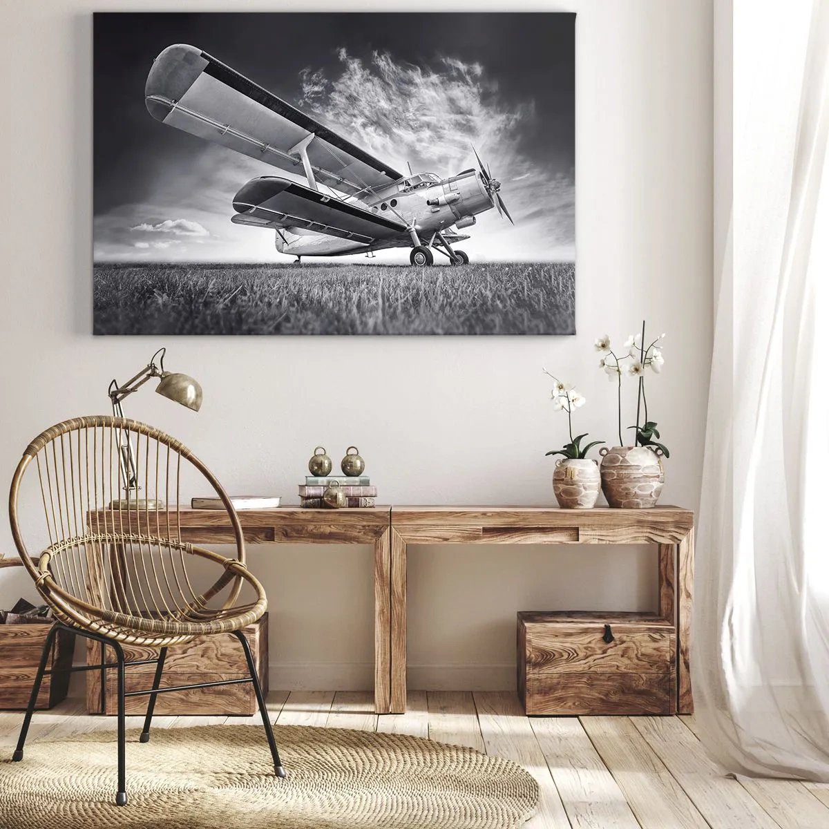 Quadro em tela - Um avião contra um céu dramático em preto e branco - 70x50cm - Andarilho alado - Decoração de parede moderna para a sala de estar e quarto ARTTOR