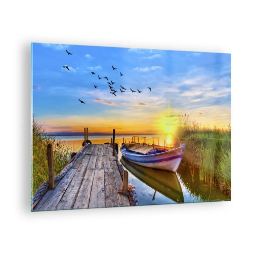 Quadro em vidro - Píer de madeira sobre um lago com um barco ao nascer do sol - 70x50cm - Adeus, até amanhã - Decoração de parede moderna para a sala de estar e quarto ARTTOR
