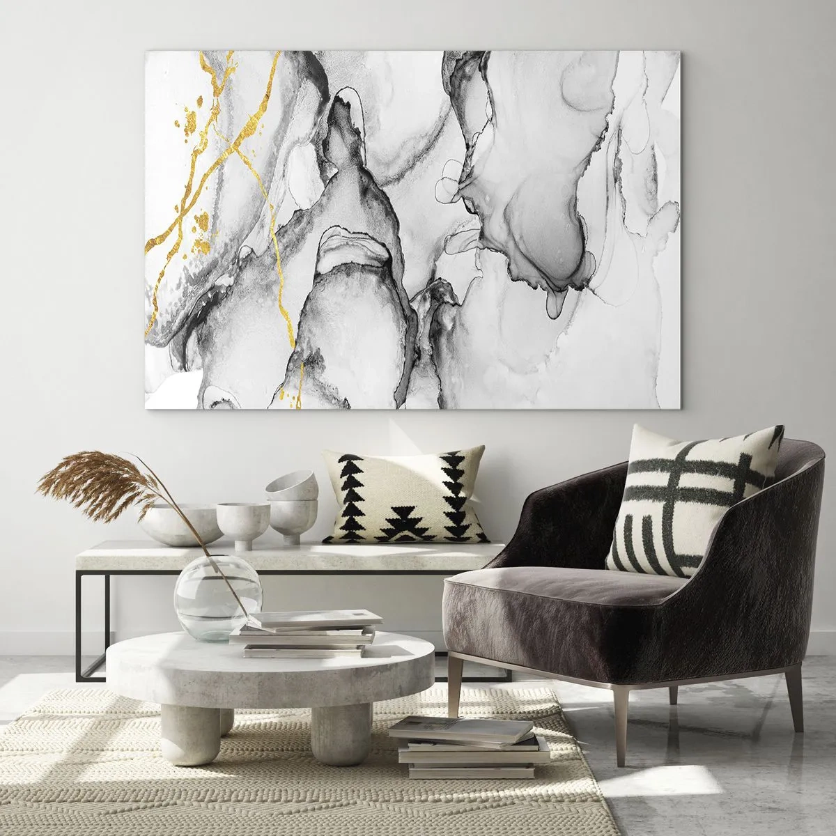 Quadro em vidro - Composição abstrata em preto e branco com detalhes dourados - 70x50cm - Composição dourada - Decoração de parede moderna para a sala de estar e quarto ARTTOR