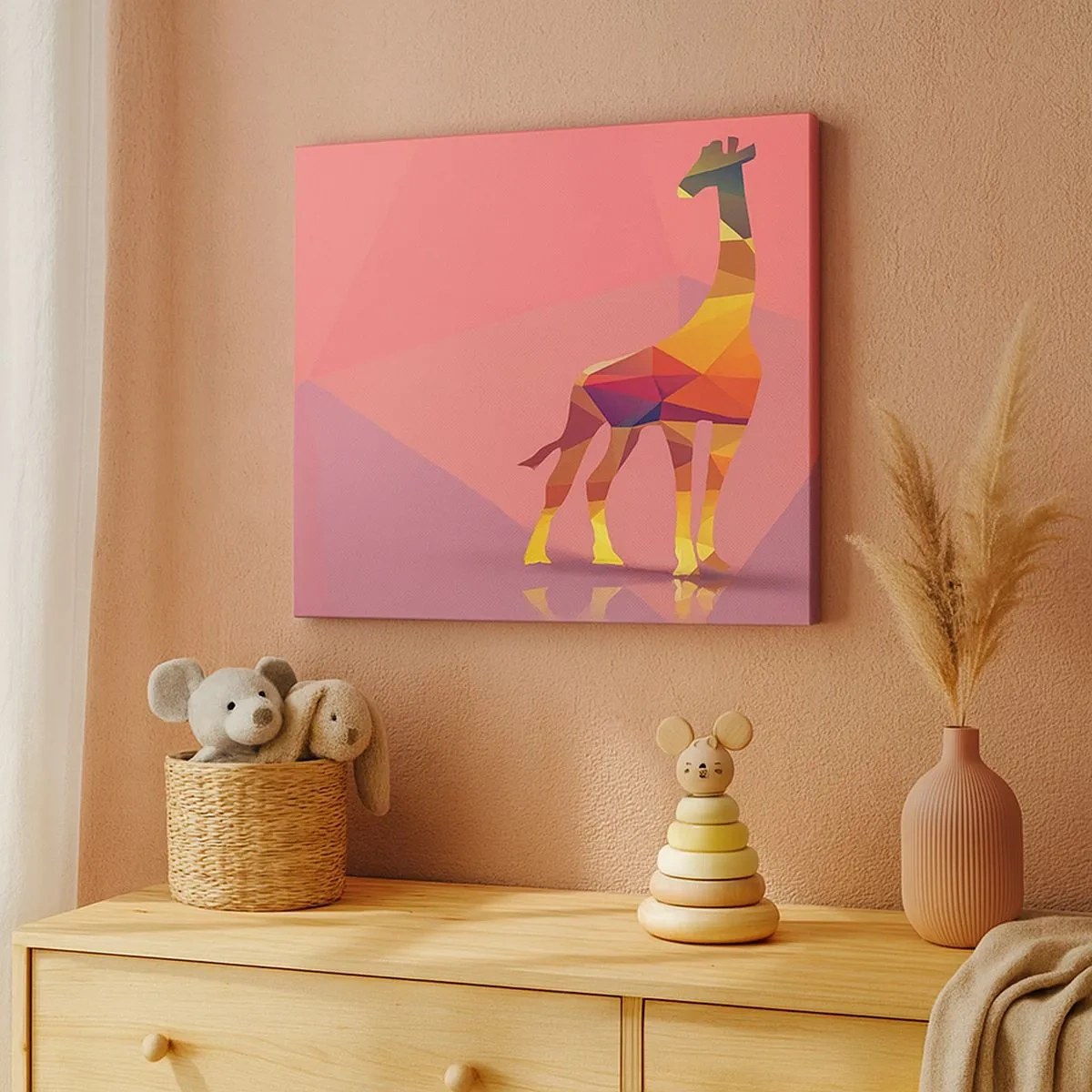 Quadro em tela - Silhueta geométrica de girafa em tons pastéis de rosa e amarelo - 70x50cm - Nas cores da savana - Decoração de parede moderna para a sala de estar e quarto ARTTOR