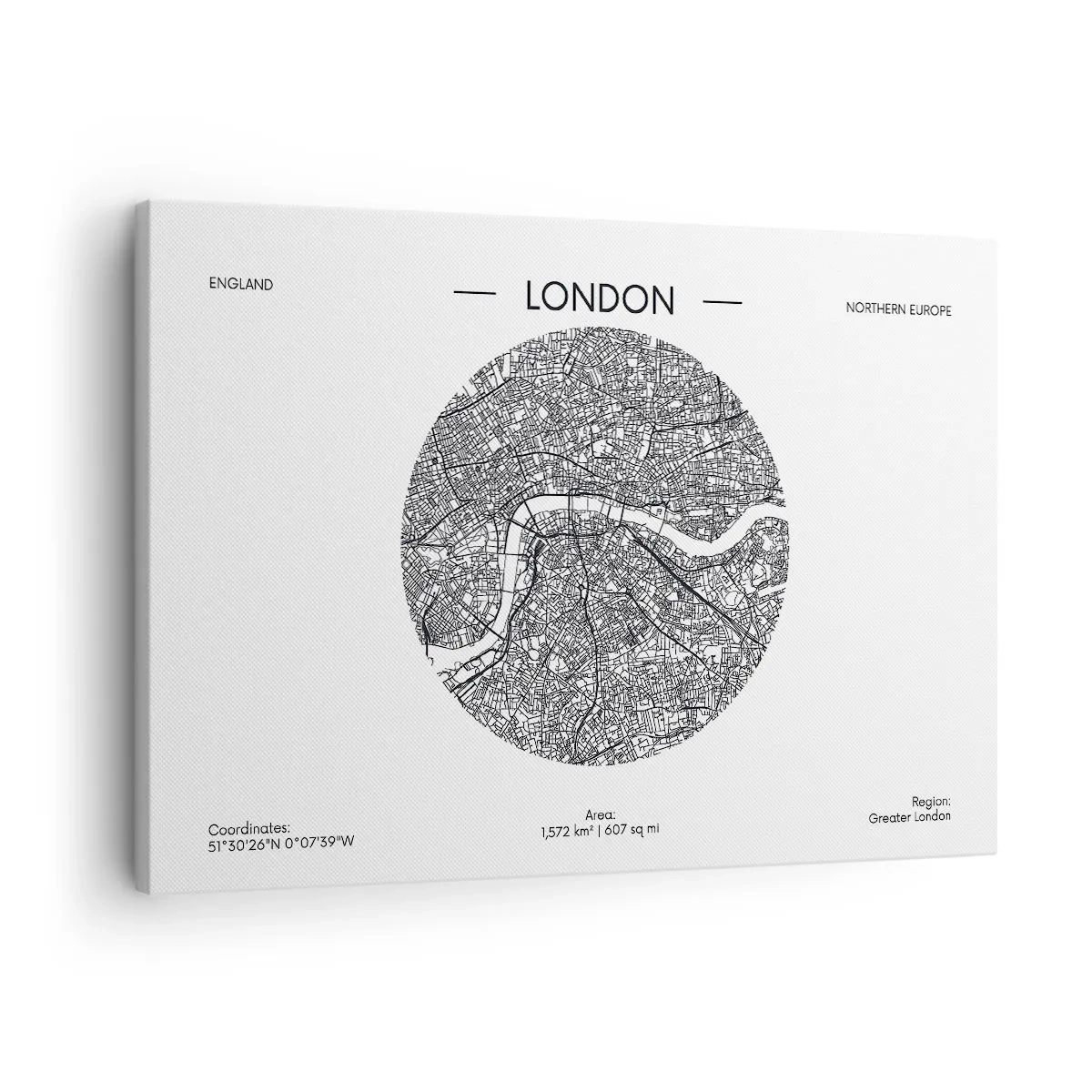 Quadro em tela - Um mapa minimalista de Londres em preto e branco com detalhes precisos. - 70x50cm - Anatomia de Londres - Decoração de parede moderna para a sala de estar e quarto ARTTOR