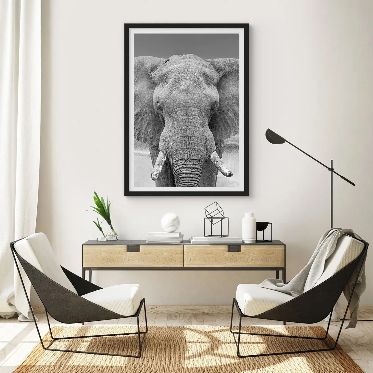 Pôster com moldura preta - Elefante em fotografia artística em preto e branco - 50x70cm - Bem-vindo ao meu mundo - Decoração de parede moderna para a sala de estar e quarto ARTTOR