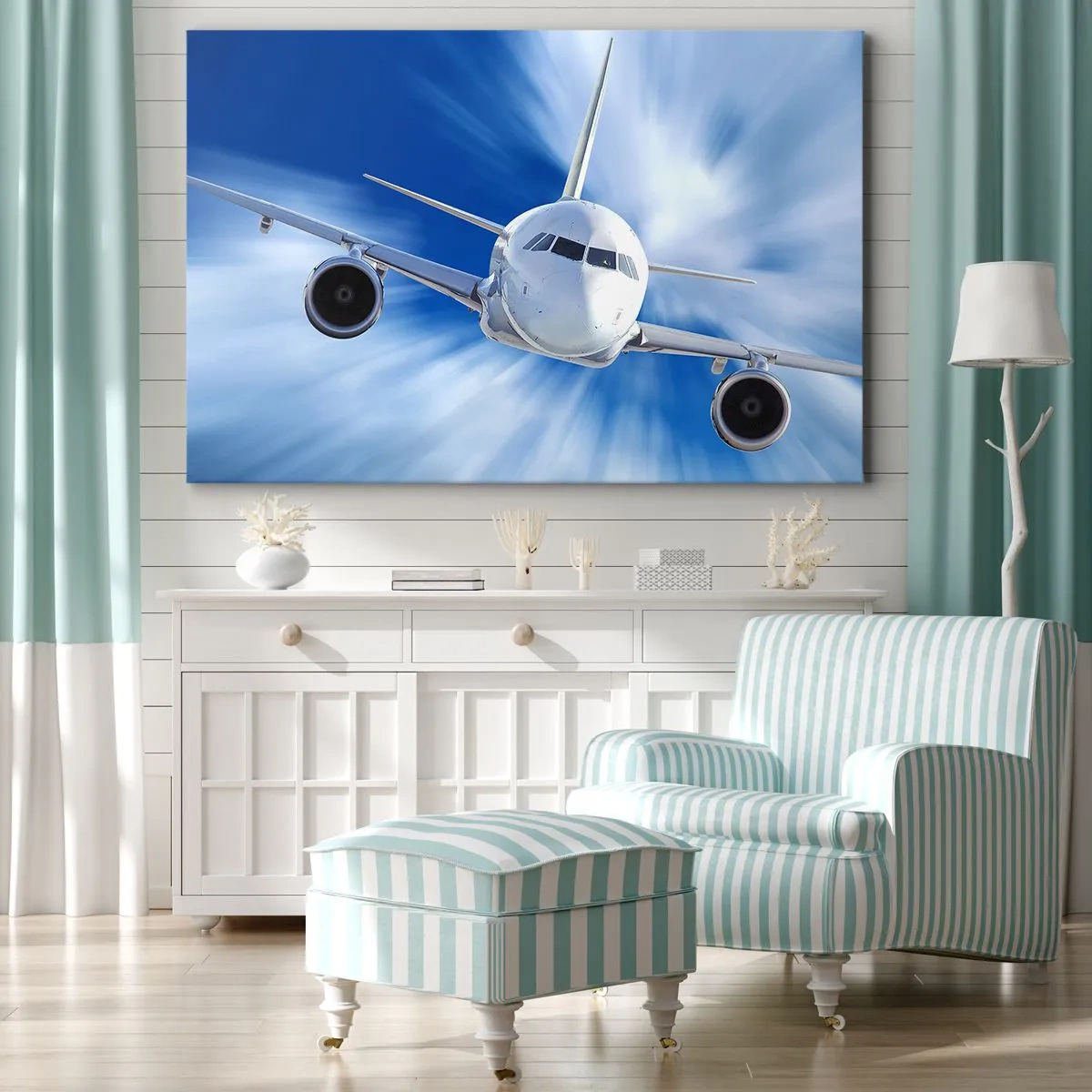 Quadro em tela - Um avião de passageiros em movimento contra o céu - 70x50cm - Mais rápido do que o vento no céu - Decoração de parede moderna para a sala de estar e quarto ARTTOR