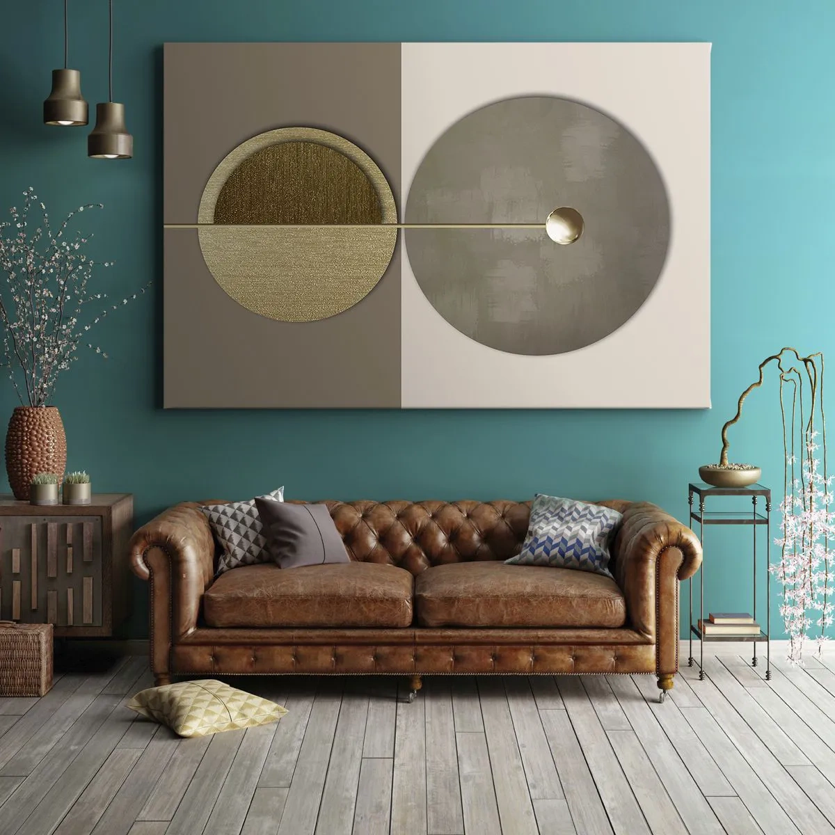 Quadro em tela - Círculos abstratos em tons de dourado e bege - 70x50cm - Equilíbrio perfeito - Decoração de parede moderna para a sala de estar e quarto ARTTOR