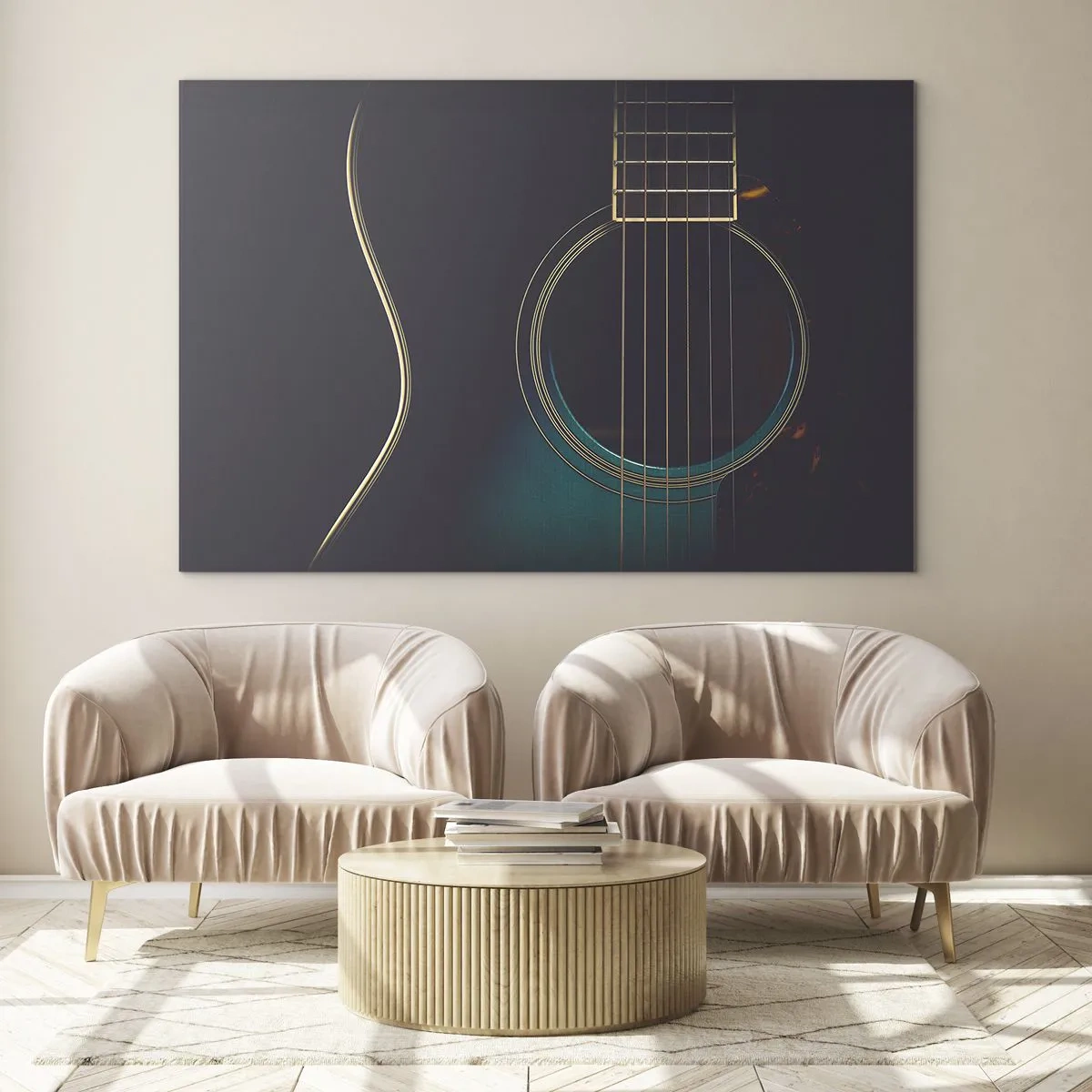 Quadro em vidro - Close-up de um violão acústico preto com detalhes de cordas - 70x50cm - Um momento antes de soar - Decoração de parede moderna para a sala de estar e quarto ARTTOR