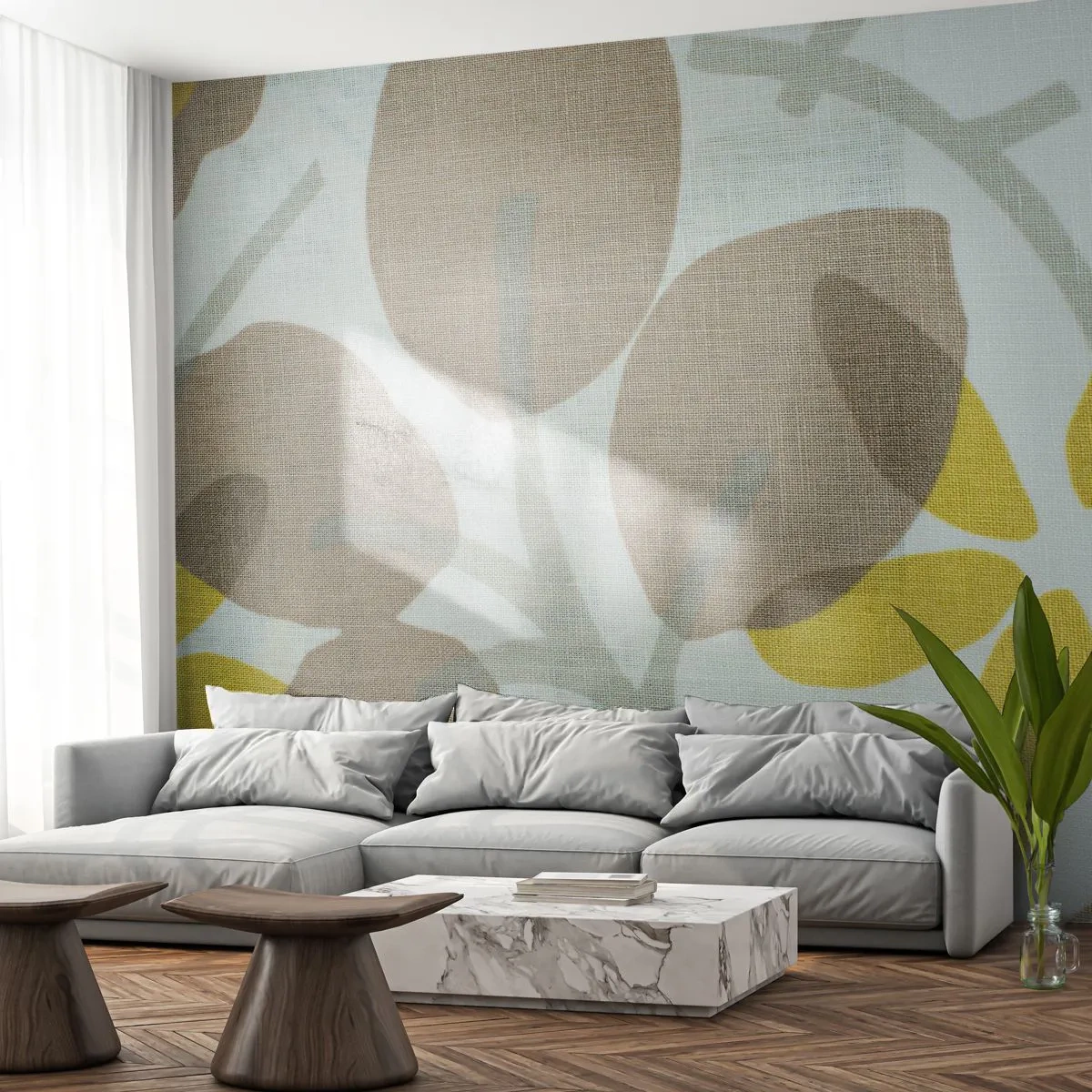 Papel de Parede Premium Sand - Composição a pleno sol - Boho, Flores, Minimalismo - 100x70 cm
