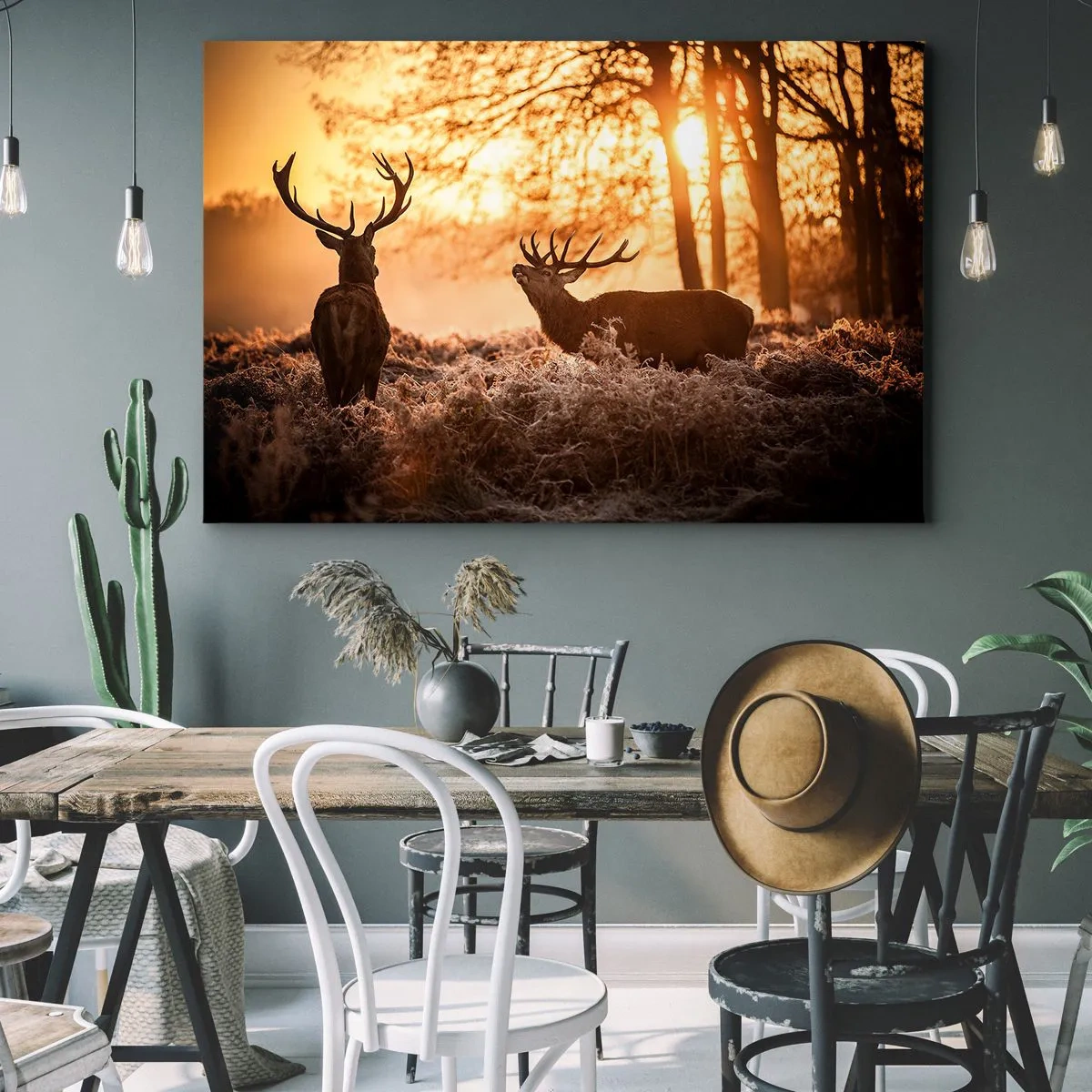 Quadro em tela - Dois veados ao pôr do sol em uma paisagem de inverno - 70x50cm - O sonho do caçador - Decoração de parede moderna para a sala de estar e quarto ARTTOR