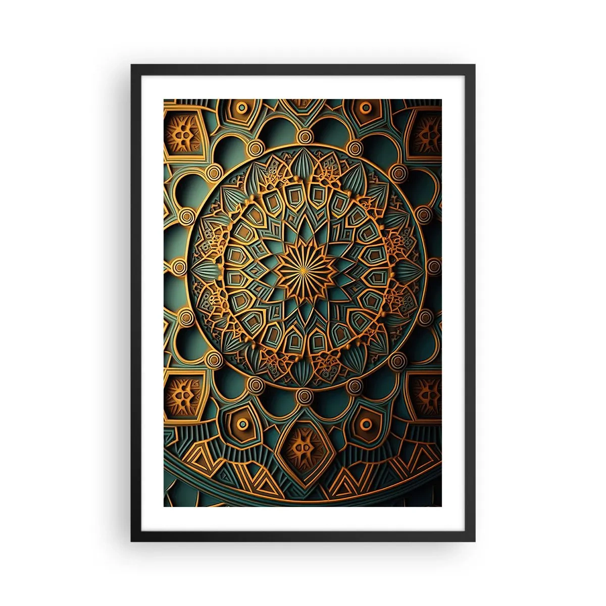 Pôster com moldura preta - Mandala dourada sobre fundo escuro - 50x70cm - Em uma atmosfera árabe - Decoração de parede moderna para a sala de estar e quarto ARTTOR