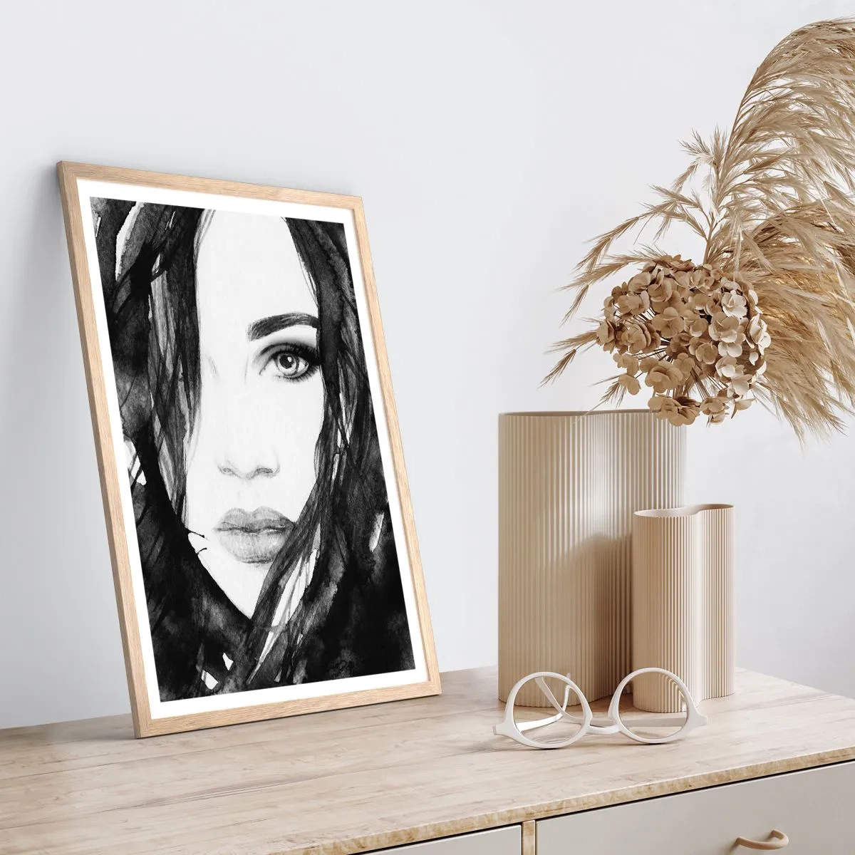 Pôster com moldura de carvalho claro - Retrato de uma dama a preto e branco - 40x50 cm