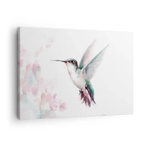 Quadro em tela - Um beija-flor em delicadas cores pastéis sobre um fundo de flores - 70x50cm - Preso em agitação - Decoração de parede moderna para a sala de estar e quarto ARTTOR
