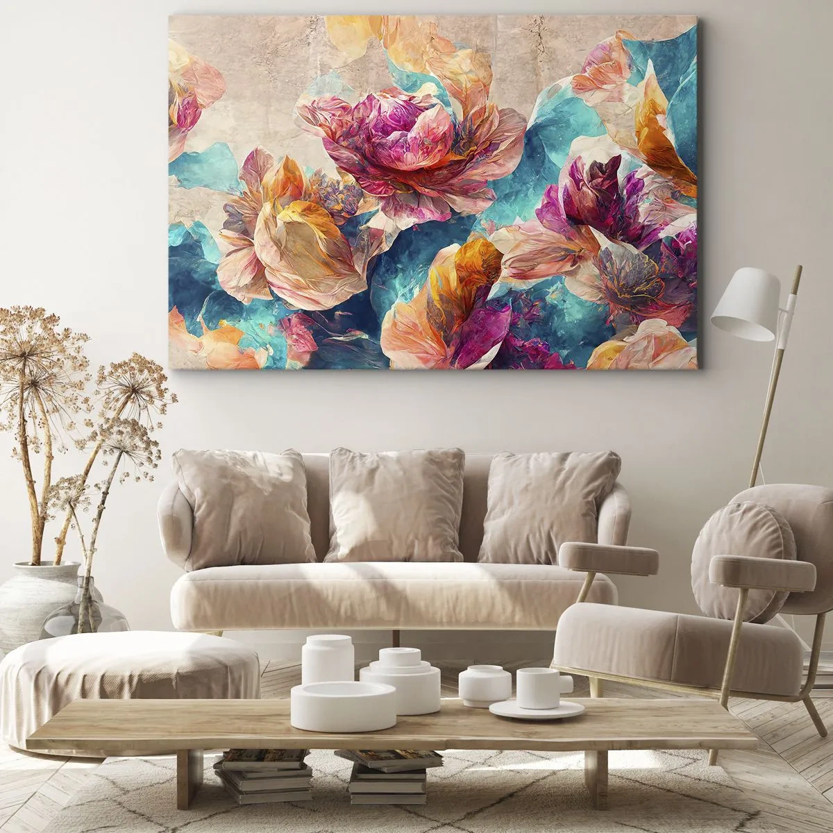 Quadro em tela - Flores coloridas em um fundo bege - 70x50cm - Esplendor colorido do buquê - Decoração de parede moderna para a sala de estar e quarto ARTTOR